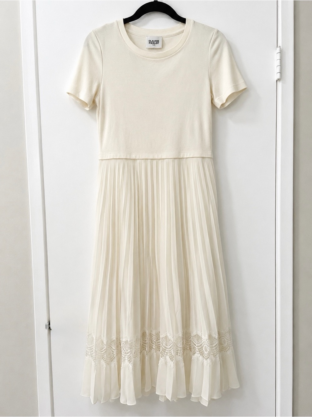 CLAUDIE PIERLOT Lace Cotton Midi Ivory Pleated Dress